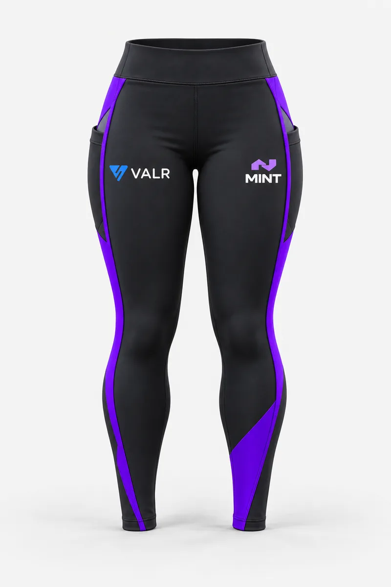 Women's supporter leggings, black and purple, front view